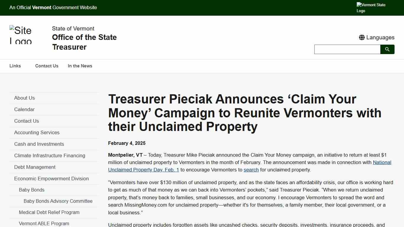 Treasurer Pieciak Announces ‘Claim Your Money’ Campaign to Reunite Vermonters with their Unclaimed Property Office of the State Treasurer