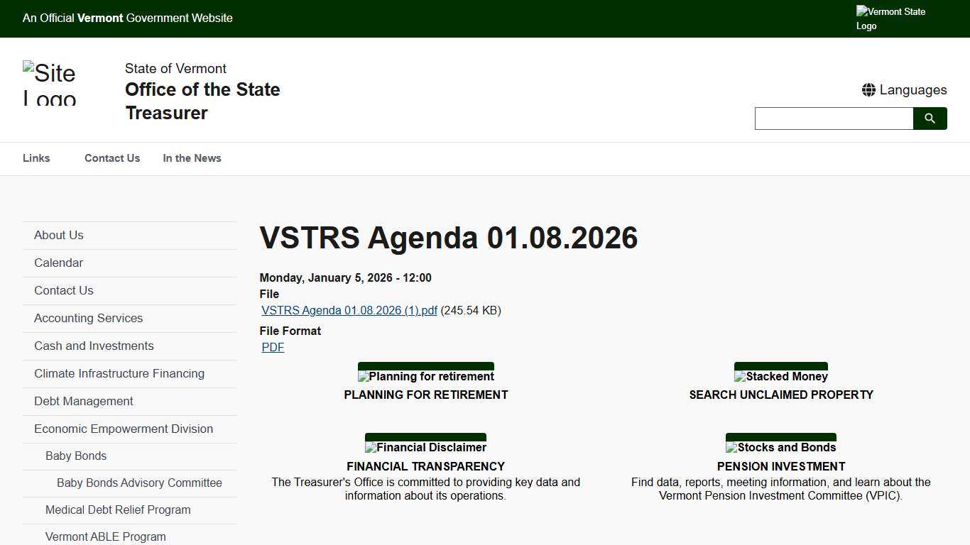 VSTRS Agenda 01.08.2026 Office of the State Treasurer