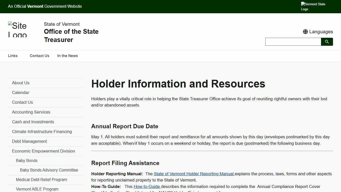 Holder Information and Resources Office of the State Treasurer